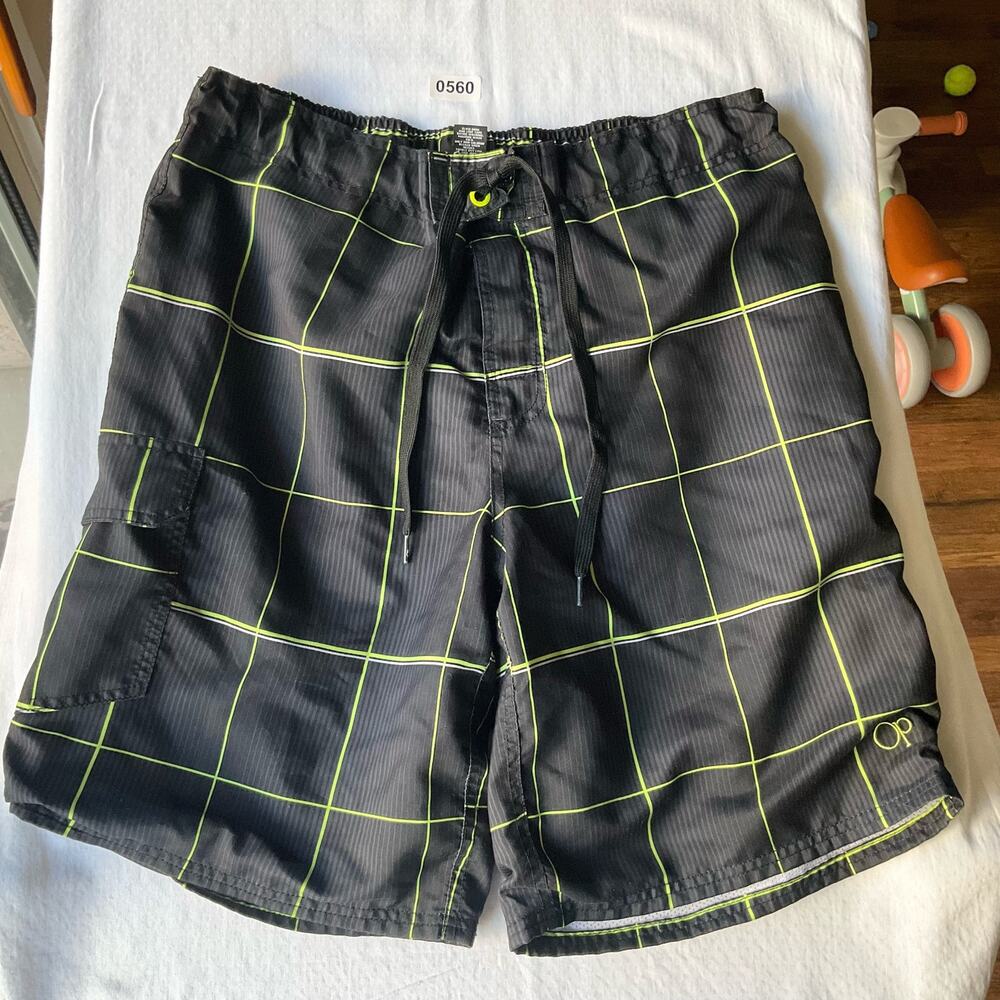 OP. Men’s Swimming Trunks size L (36-38), Gray Green Stripes, with Liner